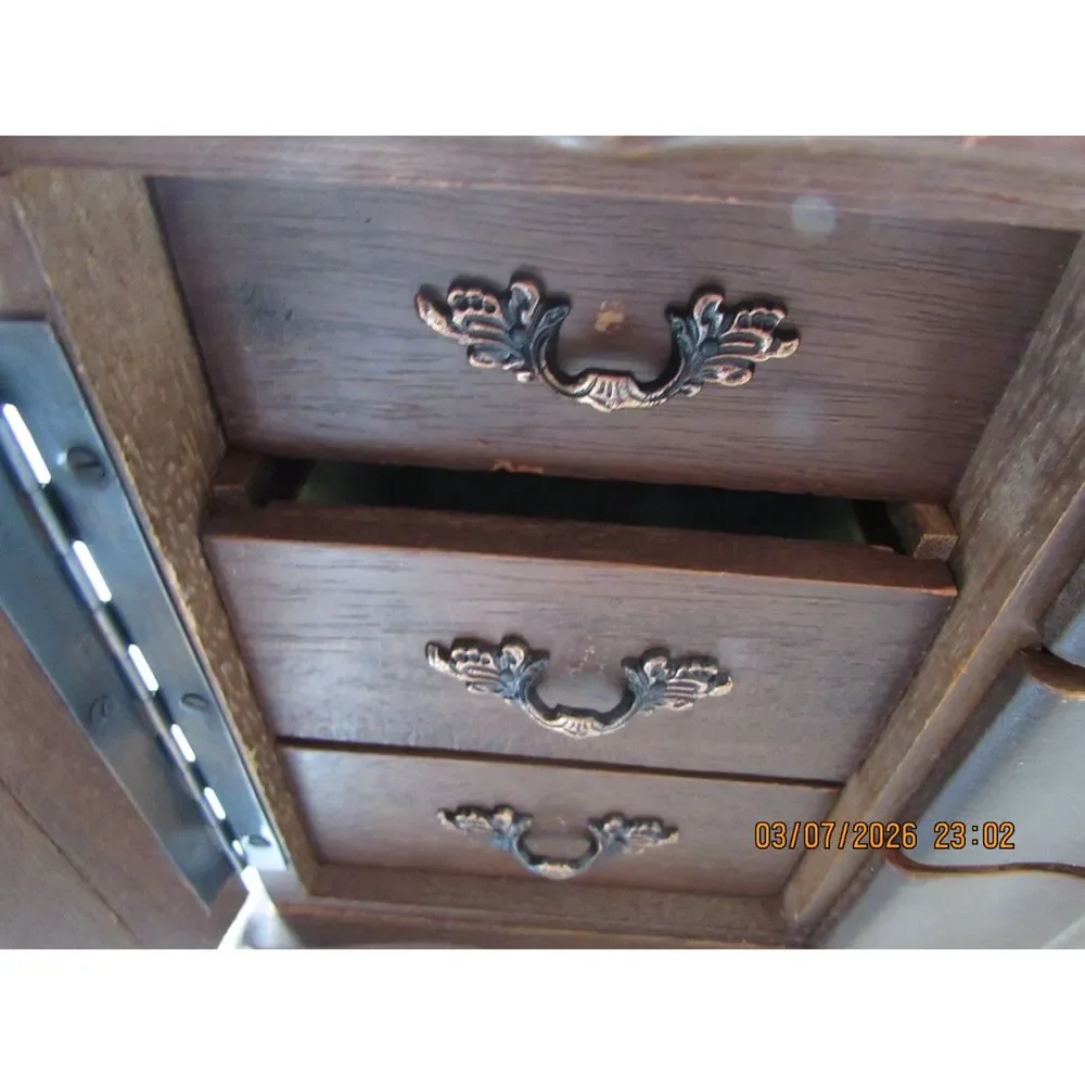 Vintage wood jewelry box 9 drawer, jewelry chest armoire Japan pine green velvet